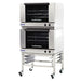 TurboFan E27 series electric convection ovens, two larger size units double stacked on a stainless steel stand