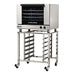 TurboFan E28 series manual electric convection oven mounted on a stainless steel stand with pan runners