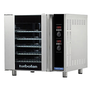 TurboFan E32 series digital electric convection oven in stainless steel with side-hinged glass door, angled view