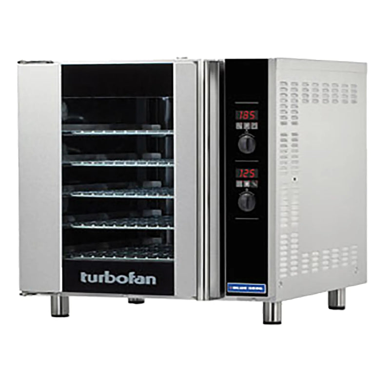 TurboFan E32 series digital electric convection oven in stainless steel with side-hinged glass door, angled view