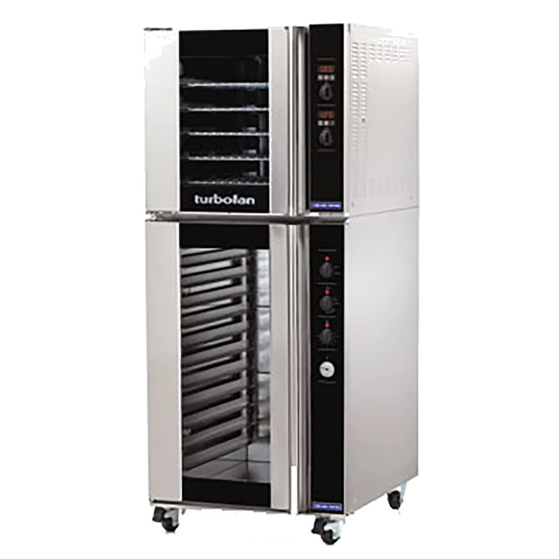 TurboFan E32D5/P12M digital electric convection oven stacked on a P12M insulated proofer with glass doors