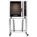 TurboFan E35 series digital electric convection oven on a stainless steel stand with pan supports and casters
