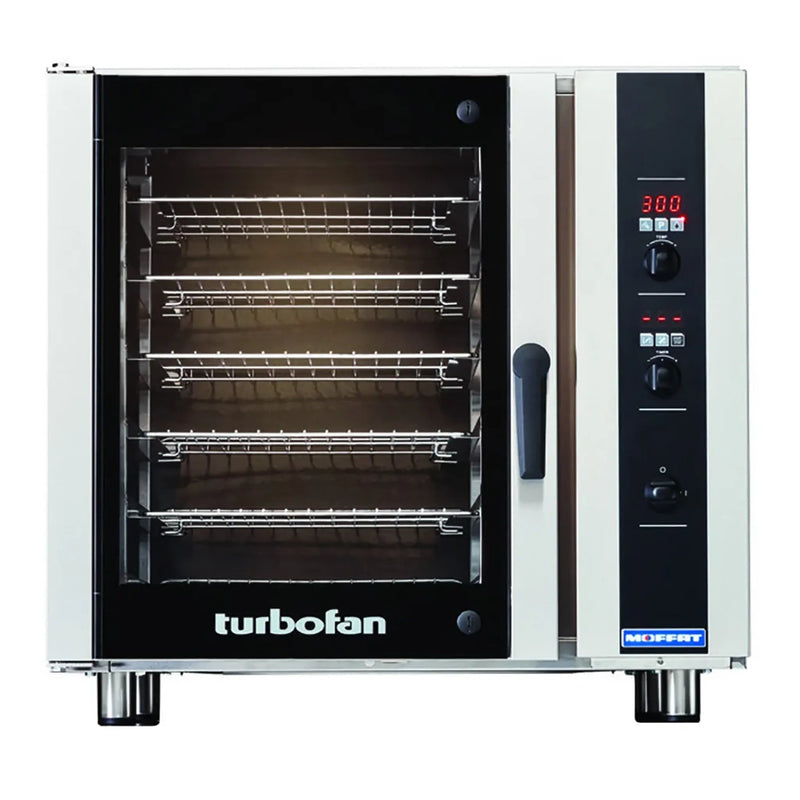 TurboFan E35 series digital electric convection oven in stainless steel with glass door and six racks, front