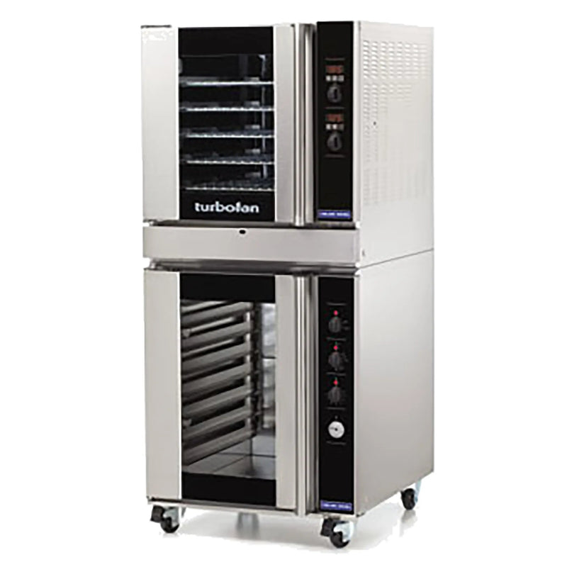 TurboFan G32D5/P8M digital gas convection oven stacked on a P8M proofer holding cabinet with glass doors