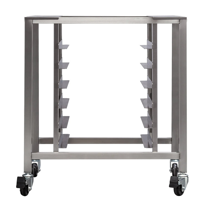 TurboFan SK2731U stainless steel oven stand with pan supports and locking casters for E27 and E28 series ovens
