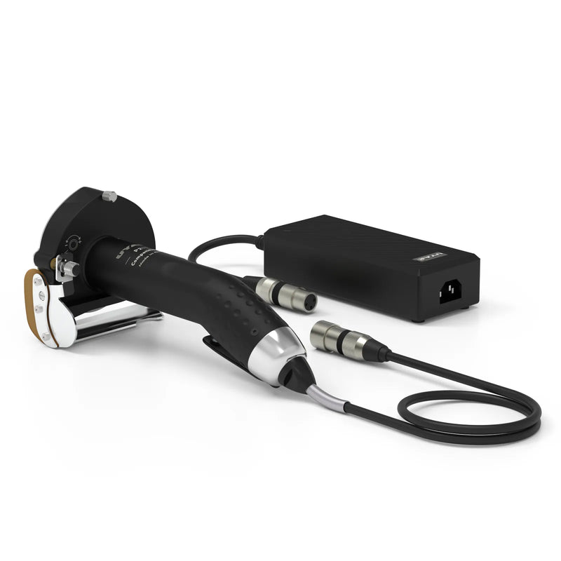 UYAR P180/P280 electric kebob knife with 80mm blade, black handle, shown connected to its black power supply
