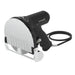 UYAR T3120 electric kebob knife, side view of the large stainless steel blade guard and black motor housing