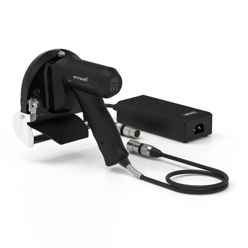 UYAR T3120 electric kebob knife with 120mm blade and black pistol-grip handle, shown with its power supply and cable