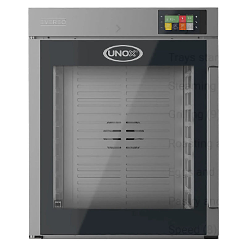 Unox XAEC-1011-EPR heated holding cabinet with glass door, stainless steel body and digital touch controls, front view