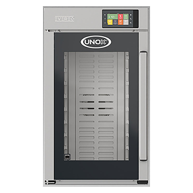 Unox XAEC-1013-EPR heated holding cabinet, stainless steel with tall glass door and colour touch controls, front view