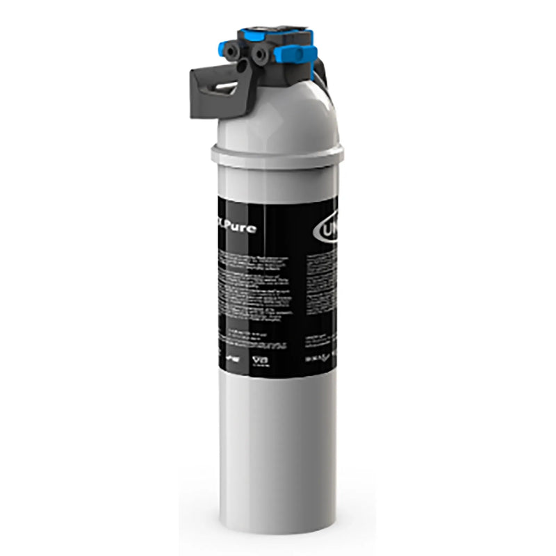 Unox XHC012 water filtration system, black cartridge filter with blue connection head, upright front view