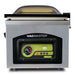 VacMaster VP220 chamber vacuum packaging machine, front view of the control panel with vacuum gauge and domed lid
