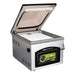 VacMaster VP220 chamber vacuum sealing machine with the lid open showing the chamber and white filler plate