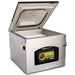 VacMaster VP320 chamber vacuum packaging machine with the lid open showing the stainless chamber, angled view