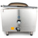 VacMaster VP321 chamber vacuum sealing machine, side view of the stainless steel body with fittings and legs