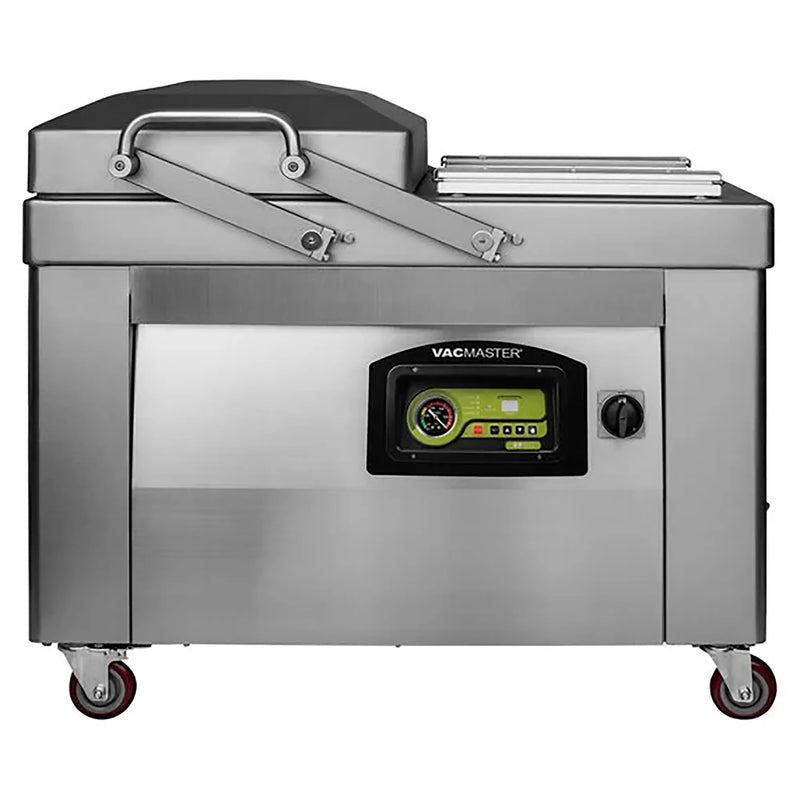 VacMaster VP400 stainless steel double chamber vacuum sealing machine on casters with swing lid, front view