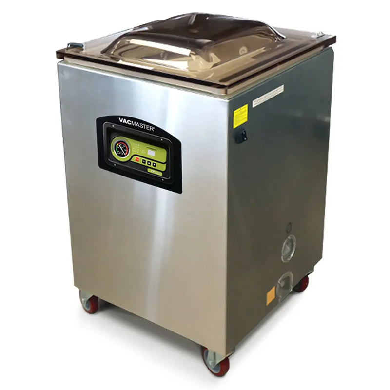 VacMaster VP540 stainless steel floor model chamber vacuum sealing machine on casters with lid closed, angled view