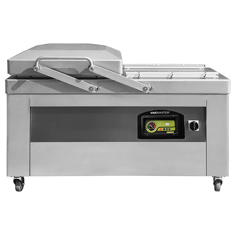 VacMaster VP600 stainless steel double chamber vacuum packaging machine with gas flush on casters, front view