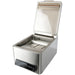 VacMaster VP95 chamber vacuum packaging machine with the lid open showing the stainless steel chamber, angled view