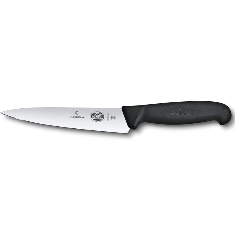 Victorinox 5.2003.15 Fibrox 6-inch chef's knife with stainless steel blade and black non-slip Fibrox handle, side view