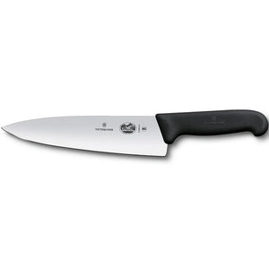 Victorinox 5.2063.20 Fibrox 8-inch chef's knife with wide stainless steel blade and black non-slip handle, side view