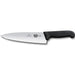Victorinox 5.2063.20 Fibrox 8-inch chef's knife with wide stainless steel blade and black non-slip handle, side view