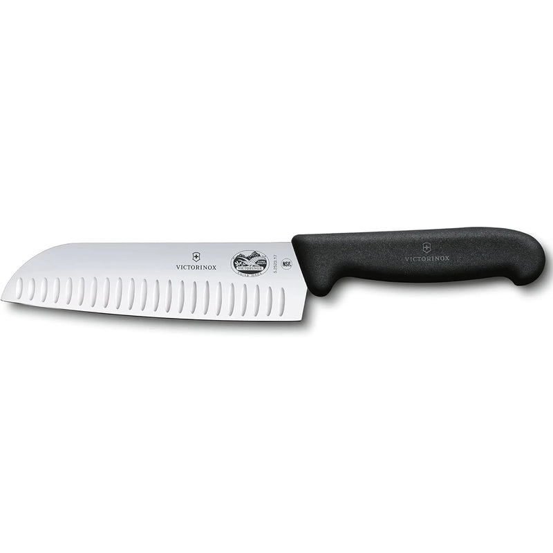 Victorinox 5.2523.17-X2 Fibrox 7-inch santoku knife with Granton edge stainless steel blade and black handle, side view