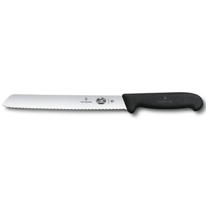 Victorinox 5.2533.21 Fibrox 8-inch bread knife with wavy edge stainless steel blade and black Fibrox handle, side view