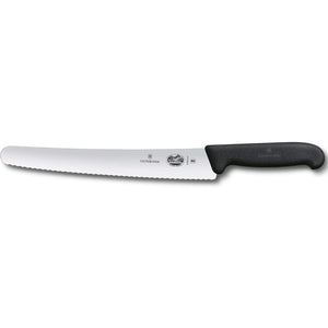 Victorinox 5.2933.26 Fibrox 10 1/4-inch bread knife with wavy edge stainless steel blade and black handle, side view