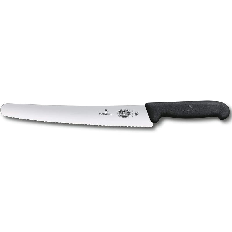 Victorinox 5.2933.26 Fibrox 10 1/4-inch bread knife with wavy edge stainless steel blade and black handle, side view