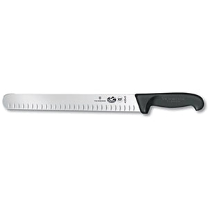 Victorinox 5.4723.30-X5 Fibrox 12-inch slicer with Granton edge round-tip blade and black Fibrox handle, side view