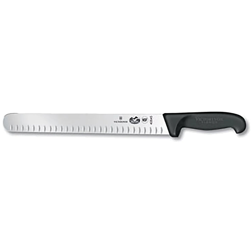 Victorinox 5.4723.30-X5 Fibrox 12-inch slicer with Granton edge round-tip blade and black Fibrox handle, side view