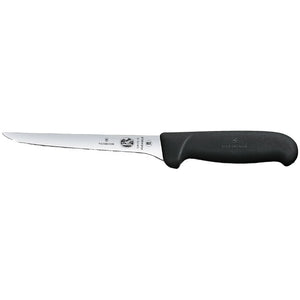 Victorinox 5.6413.15-X6 Fibrox 6-inch flexible boning knife with narrow straight blade and black handle, side view