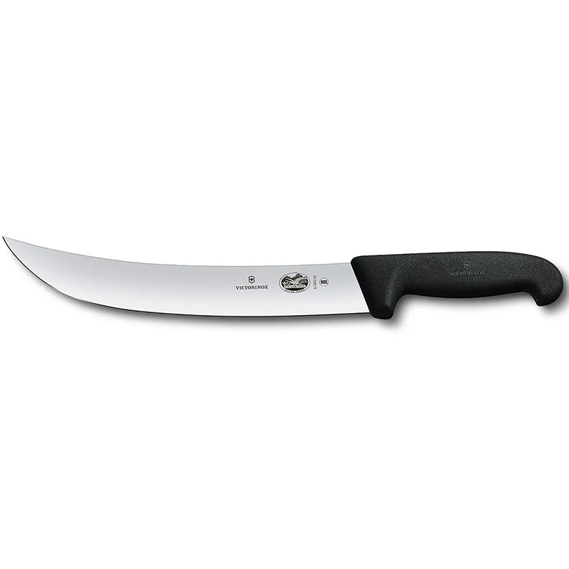 Victorinox 5.7303.25-X4 Fibrox 10-inch cimeter knife with upswept curved blade and black Fibrox handle, side view