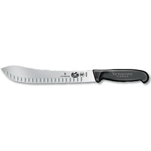 Victorinox 5.7423.25-X3 Fibrox 10-inch butcher knife with Granton edge upswept blade and black handle, side view