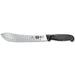 Victorinox 5.7423.25-X3 Fibrox 10-inch butcher knife with Granton edge upswept blade and black handle, side view