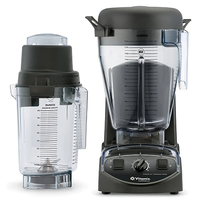 Vitamix 05201 XL variable speed blender with 192 oz and 64 oz clear containers on black base, front view of both