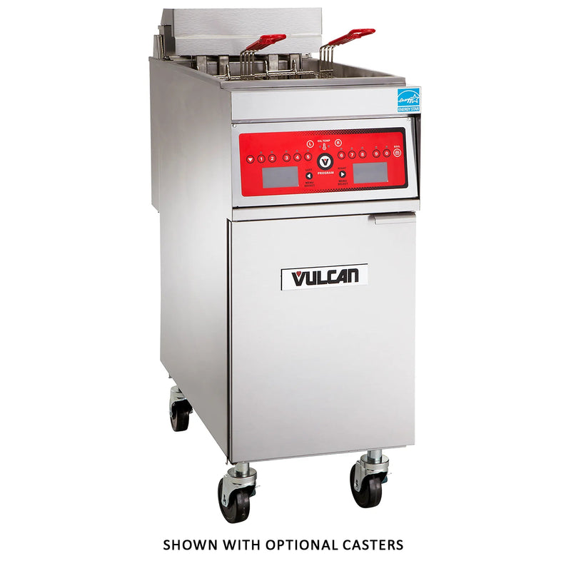 Vulcan 1ER50A 208V electric fryer, 50 lb stainless steel floor model with red digital controls on optional casters