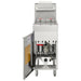 Vulcan 1VEG50M 50 lb gas fryer with the cabinet door open showing the burners and gas valve inside