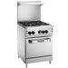Vulcan 24S-4B 24 inch gas range, four burners and backriser shelf with stainless steel oven, angled view