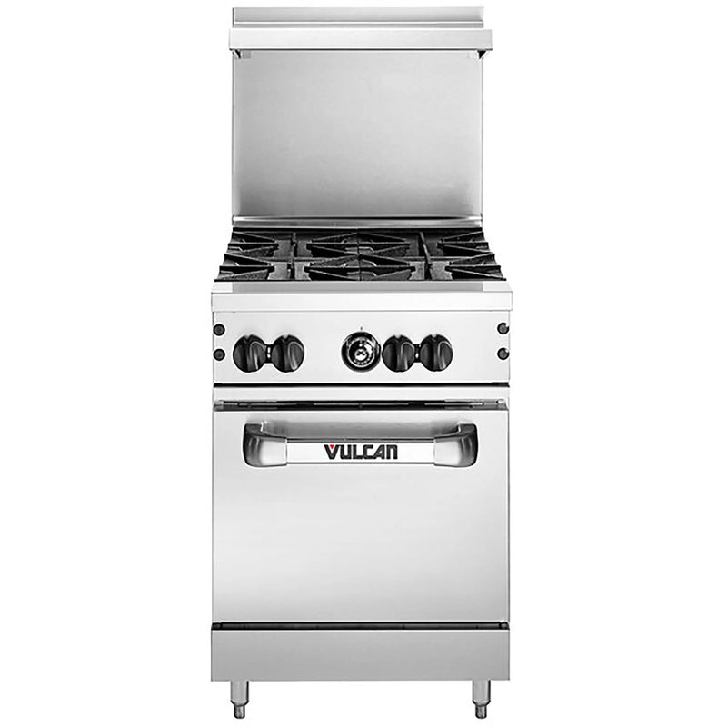 Vulcan 24S-4B 24 inch gas range with four open burners, stainless steel with standard oven below, front view