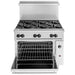 Vulcan 36S/C-6B 36 inch gas range with six burners and the oven door open showing the racks inside