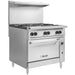 Vulcan 36S/C-6B 36 inch gas range with six open burners and stainless steel oven base, angled left view
