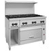 Vulcan 48S/C-8B 48 inch gas range, eight burners with oven and open cabinet in stainless steel, angled view