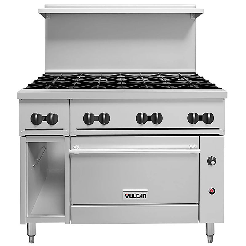 Vulcan 48S/C-8B 48 inch gas range with eight burners, oven and open storage cabinet base, front view
