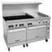 Vulcan 60SS-6B24GT 60 inch gas range, six burners and griddle top over double oven on casters, angled view