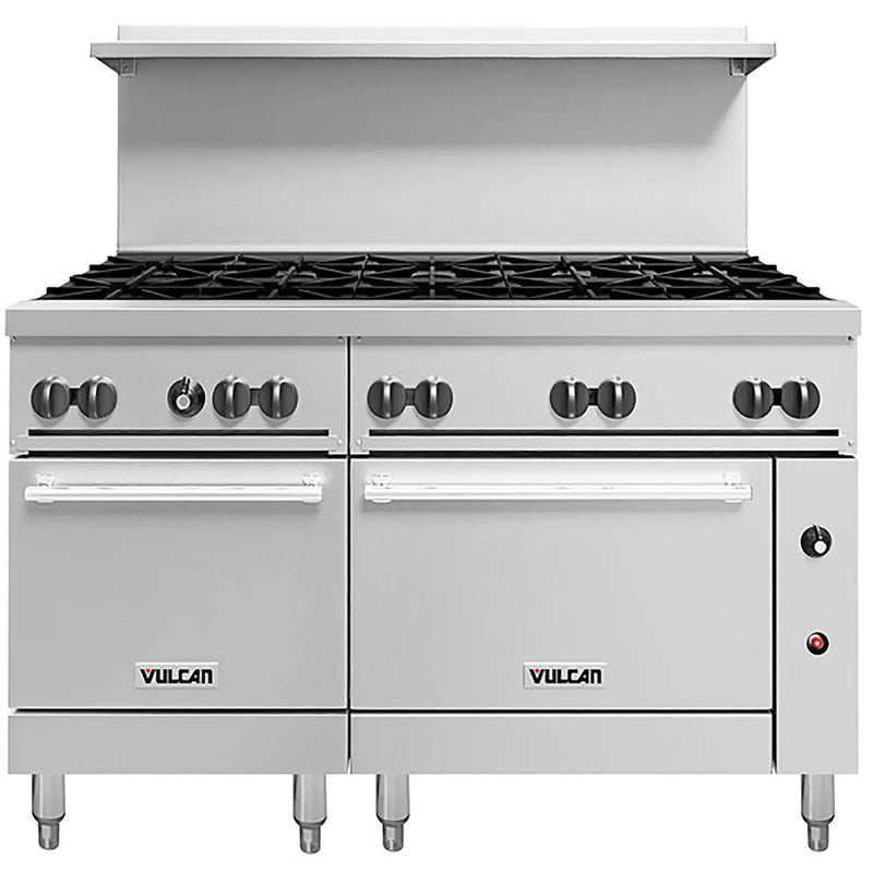 Vulcan 60SS/SC-10B 60 inch gas range with ten open burners and two stainless steel ovens below, front view