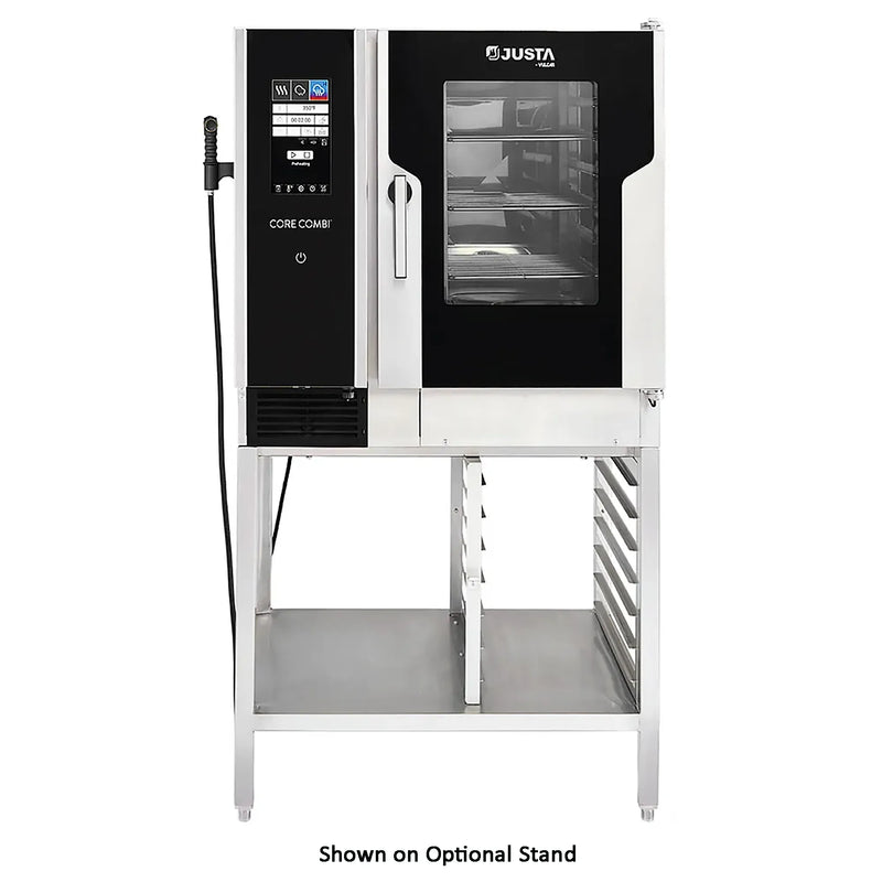 Vulcan CORE-61E electric combi oven with digital controls, black glass door, shown on optional stainless stand