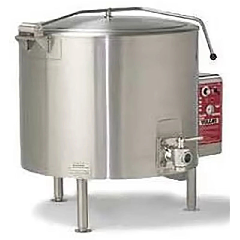 Vulcan EL/ET series electric fixed steam kettle, stainless steel on legs with draw-off valve, angled view