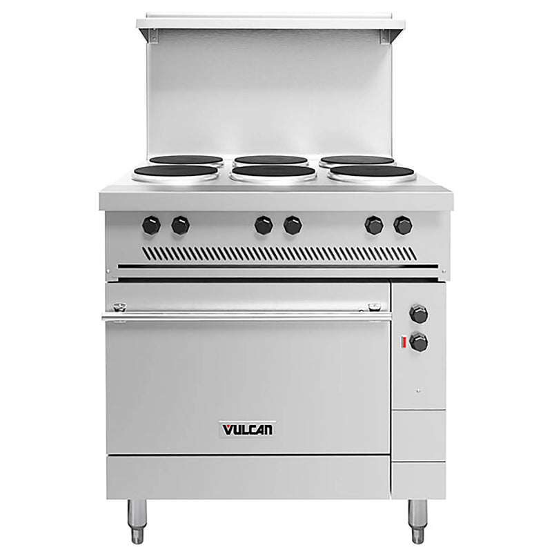 Vulcan EV36S-6FP-208 36 inch electric range with six round French plates and oven below, front view